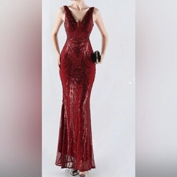 Red, Double V, Beaded Back, Draped Skirt, Sequined Mermaid Gown - Picture 5 of 15